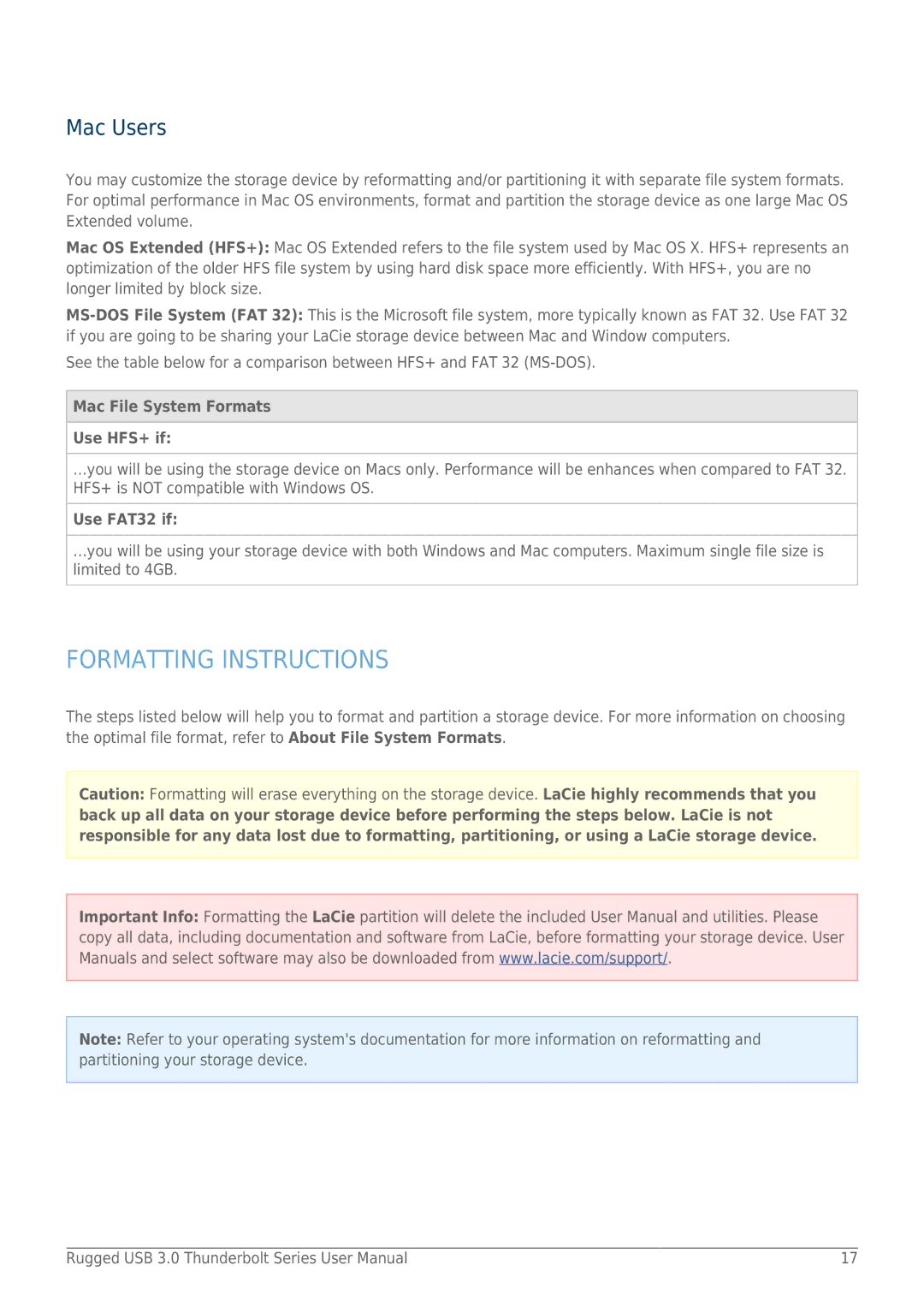 LaCie 9000291 user manual Formatting Instructions, Mac Users, Mac File System Formats Use HFS+ if 