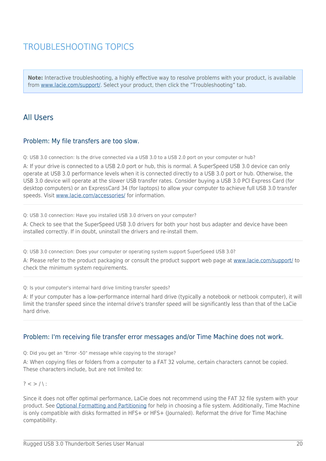 LaCie 9000291 user manual Troubleshooting Topics, All Users 