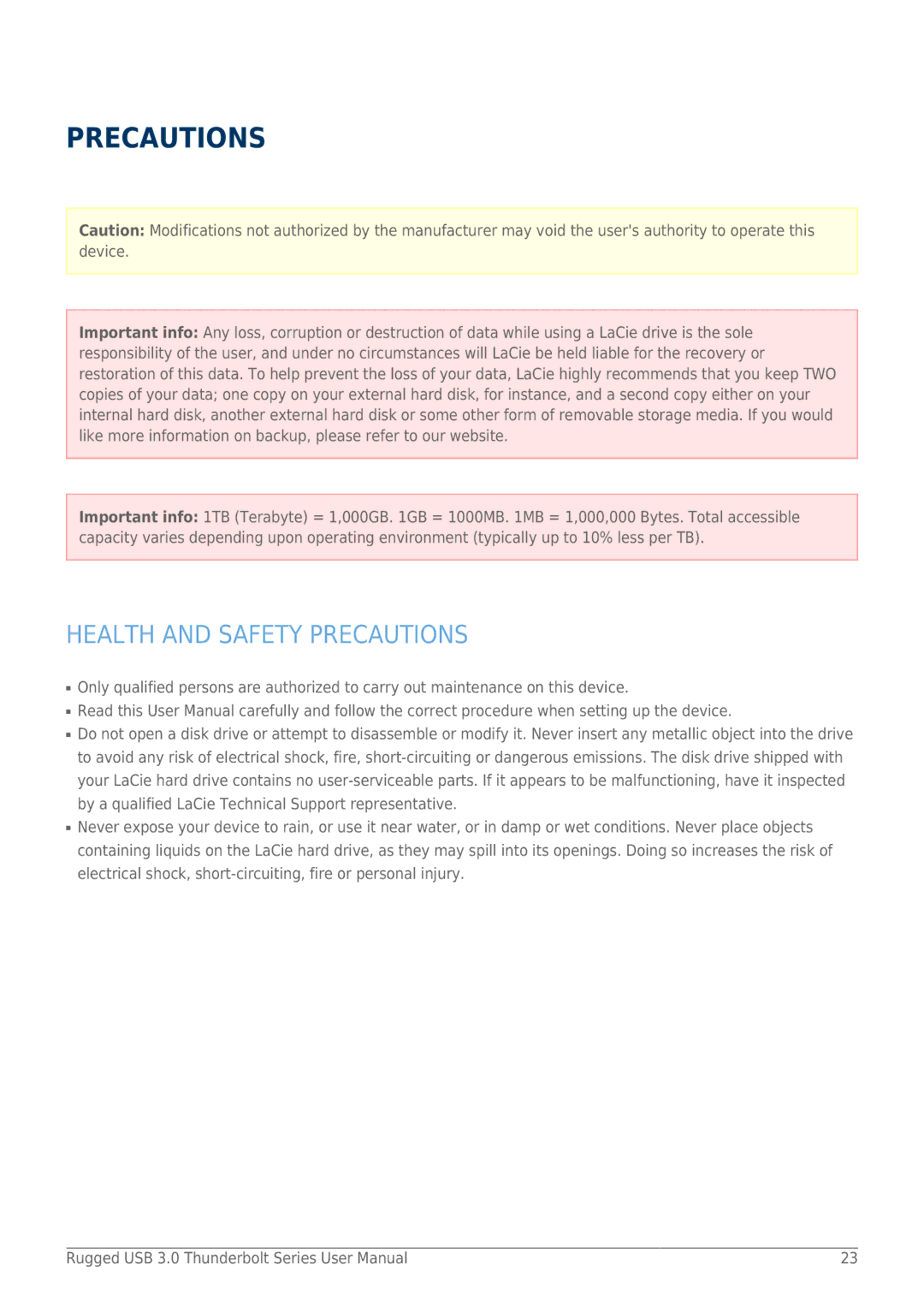 LaCie 9000291 user manual Health and Safety Precautions 