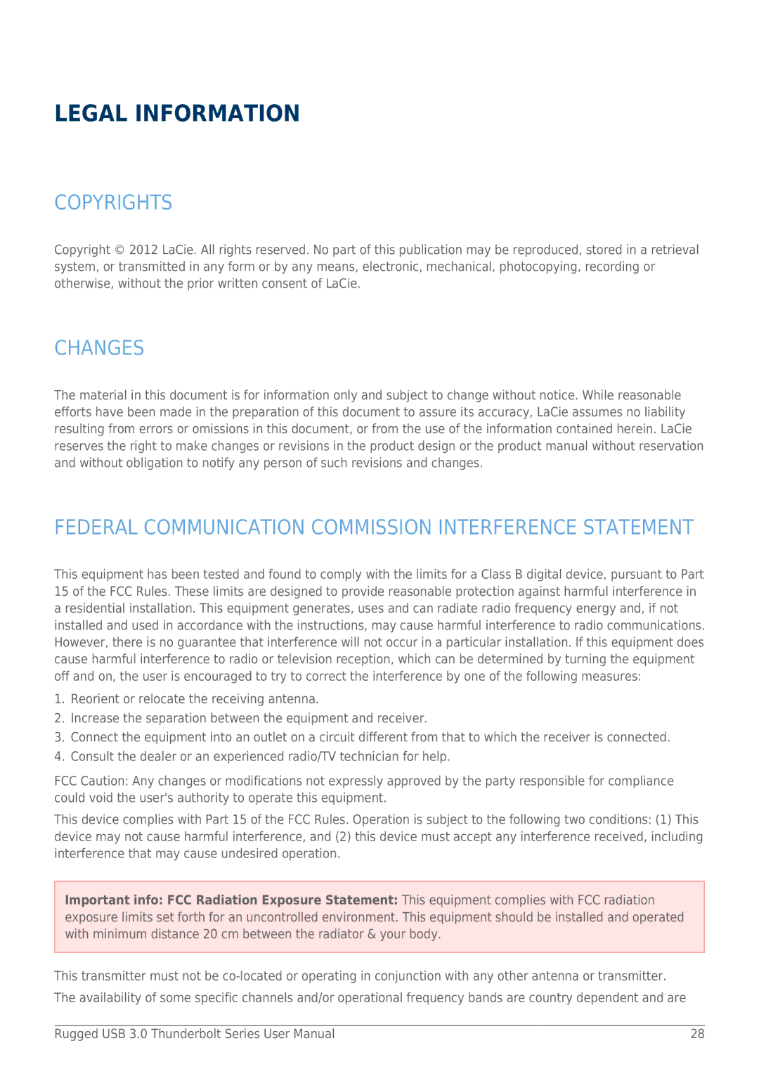 LaCie 9000291 user manual Legal Information, Copyrights, Changes, Federal Communication Commission Interference Statement 