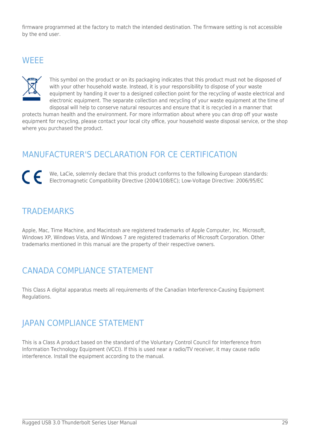 LaCie 9000291 user manual Weee, Manufacturers Declaration for CE Certification, Trademarks, Canada Compliance Statement 