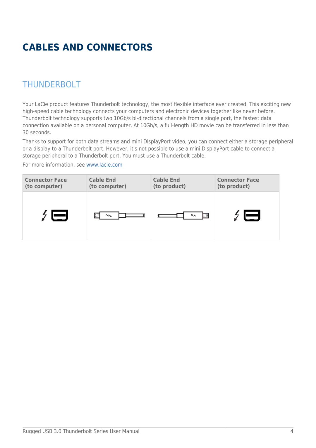 LaCie 9000291 user manual Cables and Connectors, Thunderbolt 