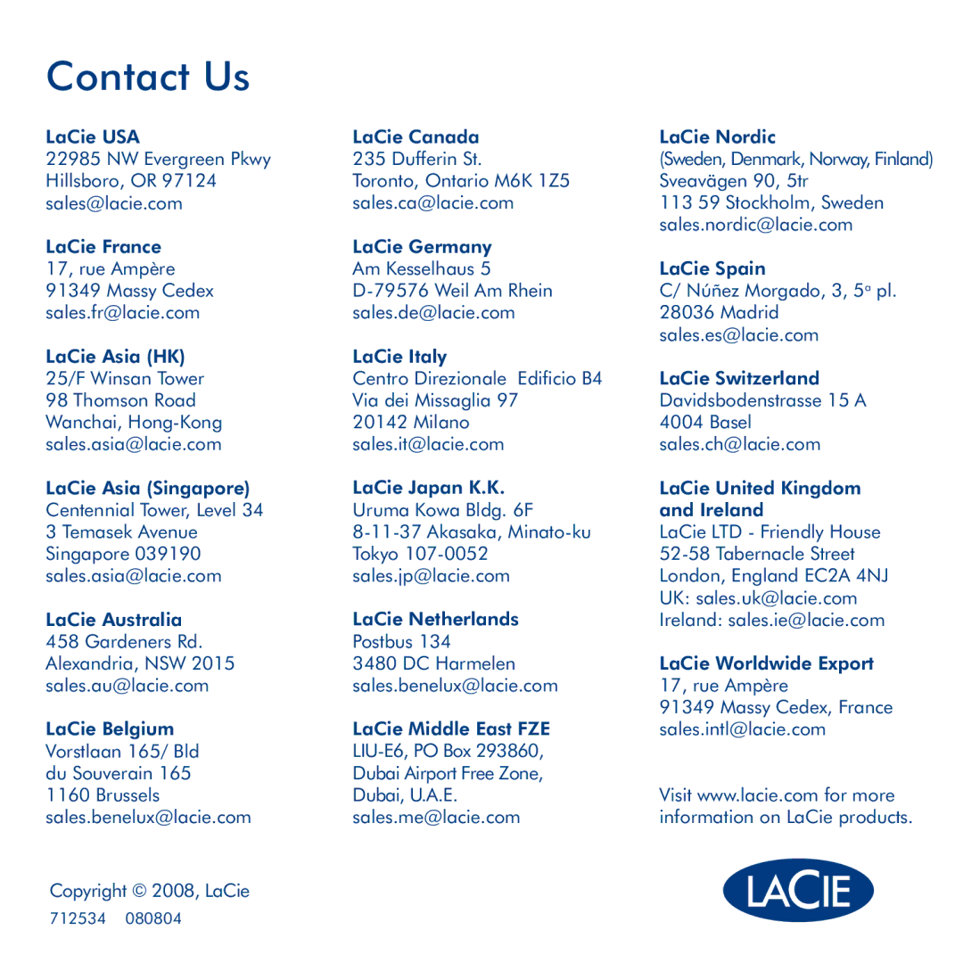 LaCie Big Disk Network manual Contact Us 