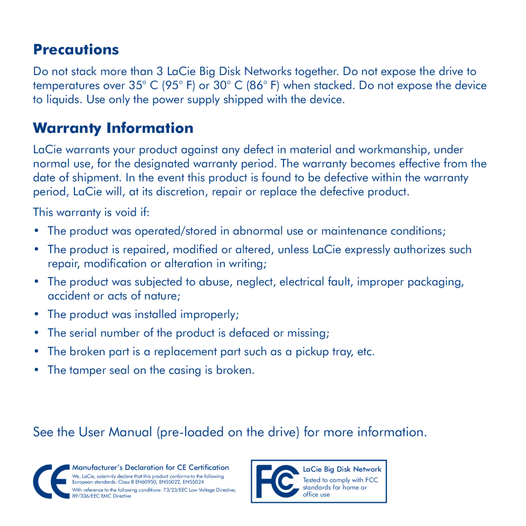 LaCie Big Disk Network manual Precautions 