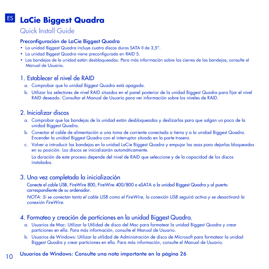 LaCie ES LaCie Biggest Quadra, Establecer el nivel de RAID, Inicializar discos, Una vez completada la inicialización 