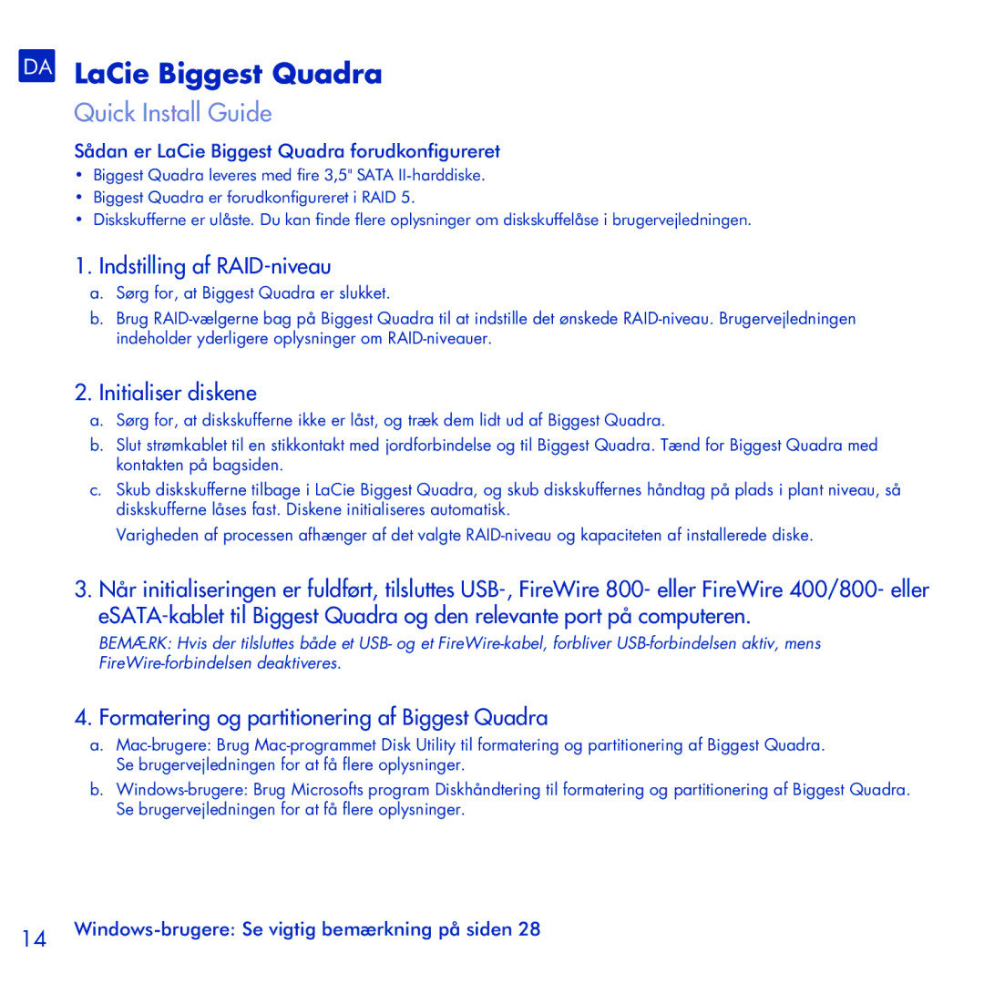 LaCie manual DA LaCie Biggest Quadra, Indstilling af RAID-niveau, Initialiser diskene 