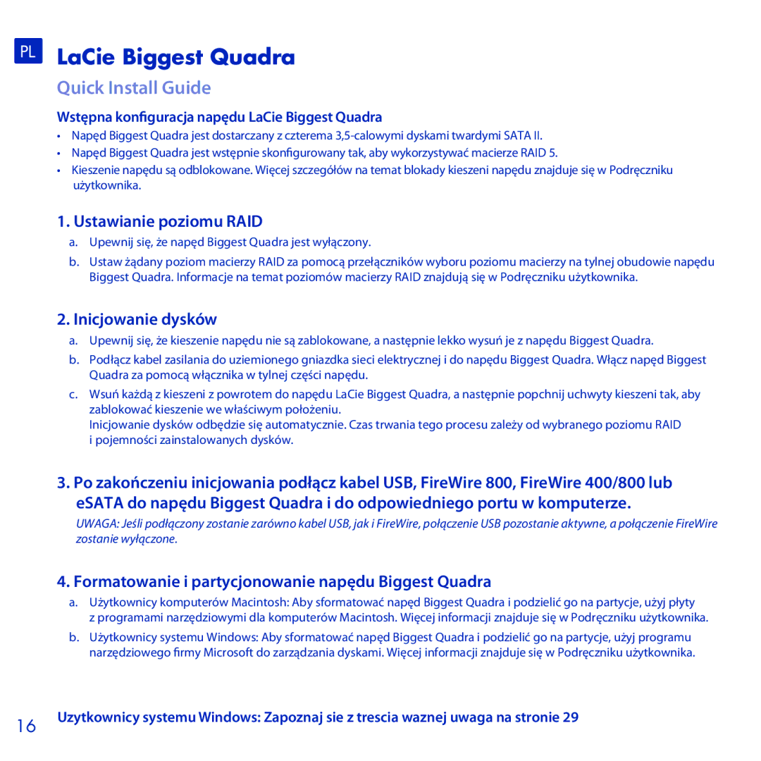 LaCie manual PL LaCie Biggest Quadra, Quick Install Guide 