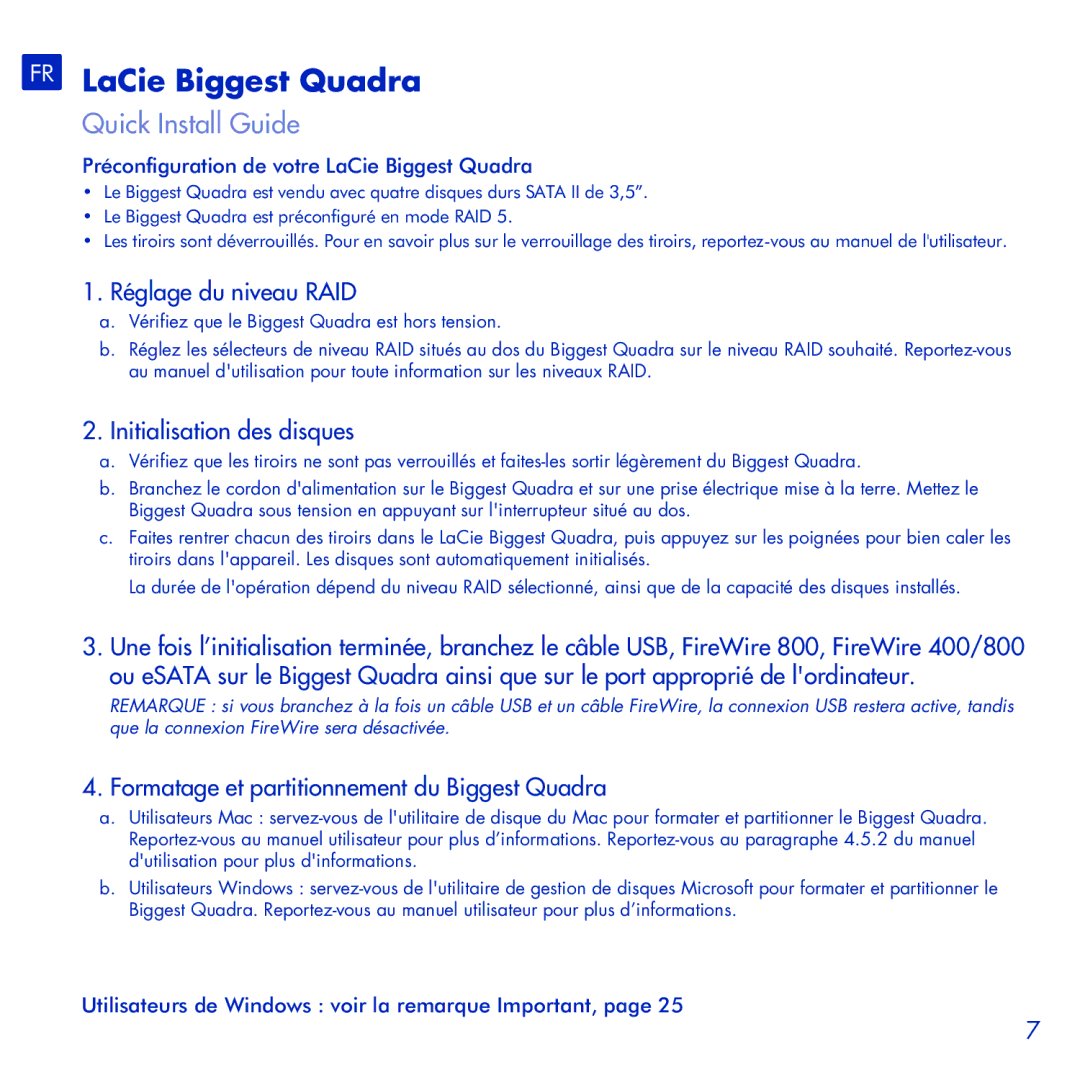 LaCie manual FR LaCie Biggest Quadra, Réglage du niveau RAID, Initialisation des disques 