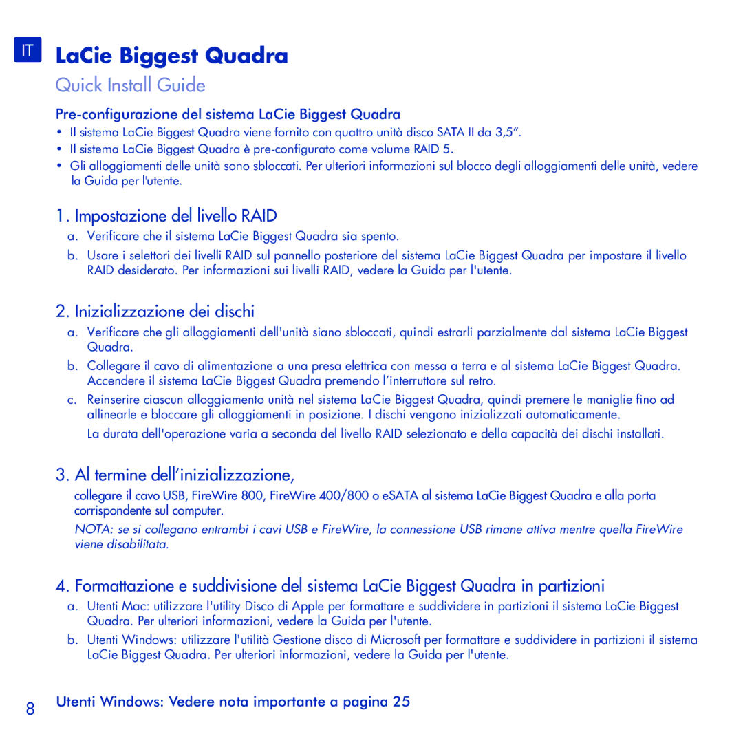 LaCie manual IT LaCie Biggest Quadra, Impostazione del livello RAID, Inizializzazione dei dischi 