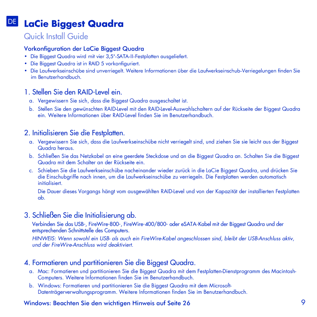 LaCie manual DE LaCie Biggest Quadra, Stellen Sie den RAID-Level ein, Initialisieren Sie die Festplatten 