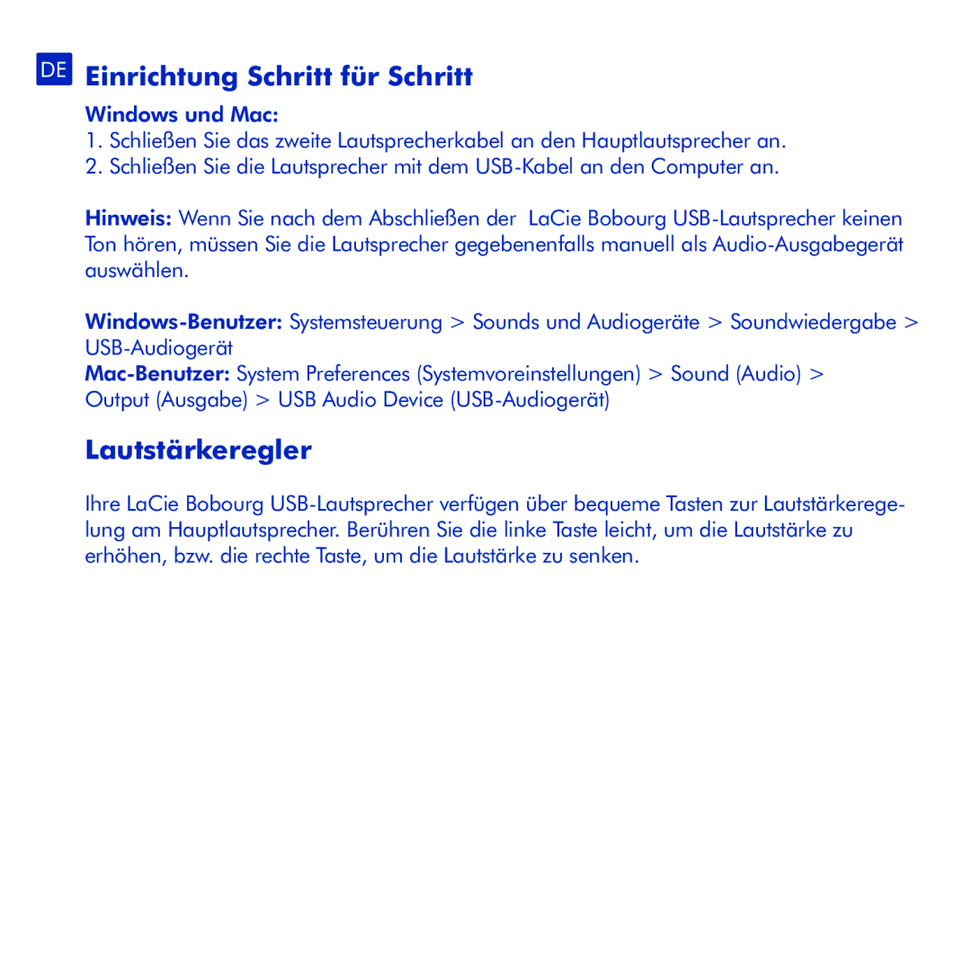 LaCie Bobourg USB Speakers manual DE Einrichtung Schritt für Schritt, Lautstärkeregler 