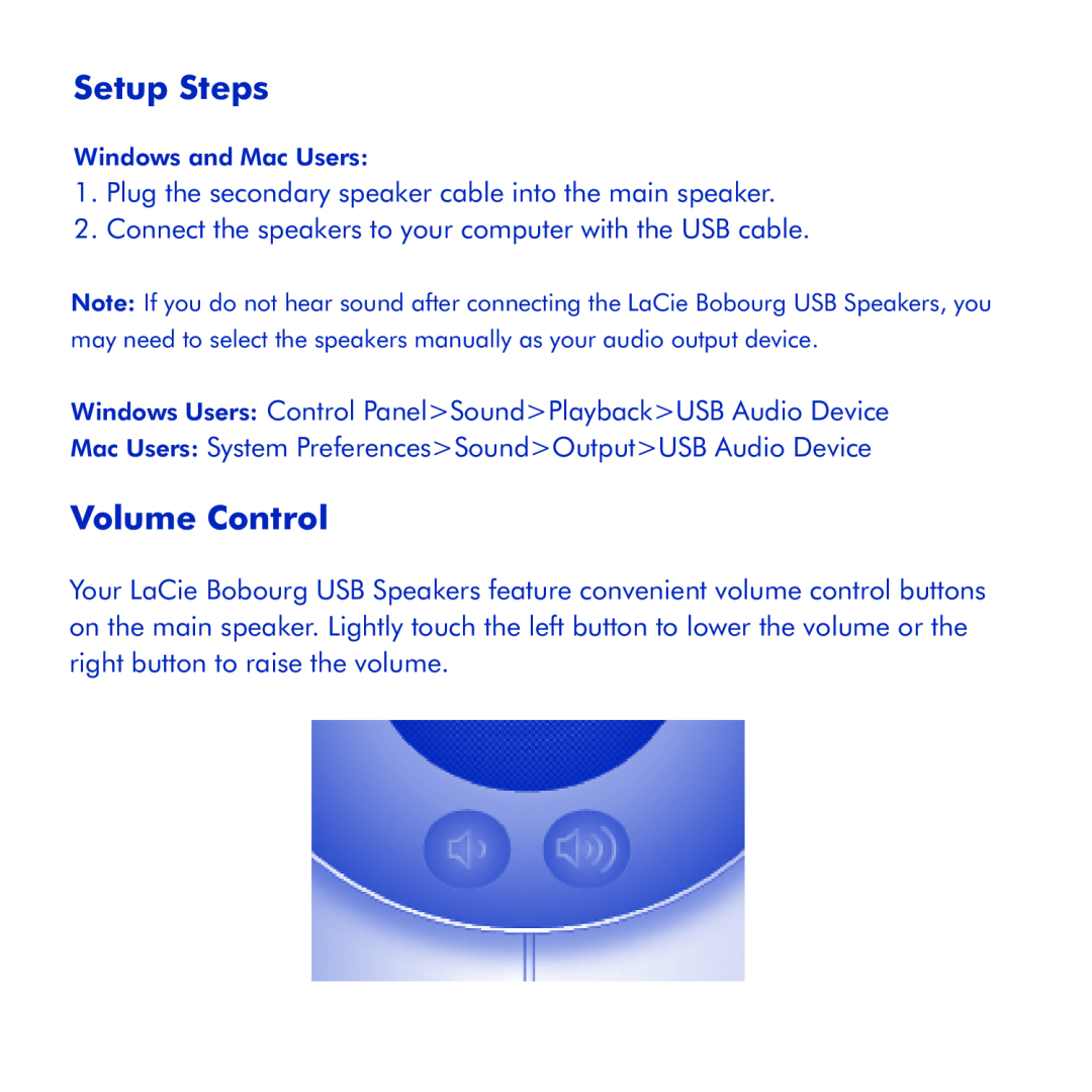 LaCie Bobourg USB Speakers manual Setup Steps, Volume Control, Windows and Mac Users 