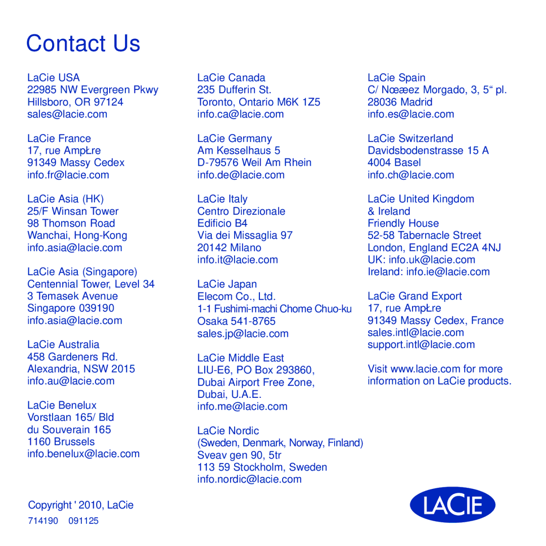 LaCie Box manual Contact Us 