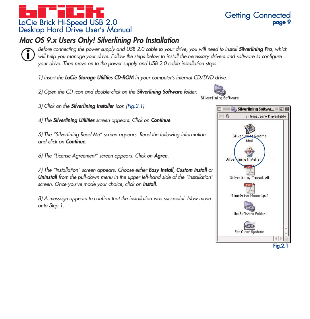 LaCie LaCie Brick Hi-Speed USB, Mac OS 9.x Users Only! Silverlining Pro Installation, Getting Connected, page, 1 