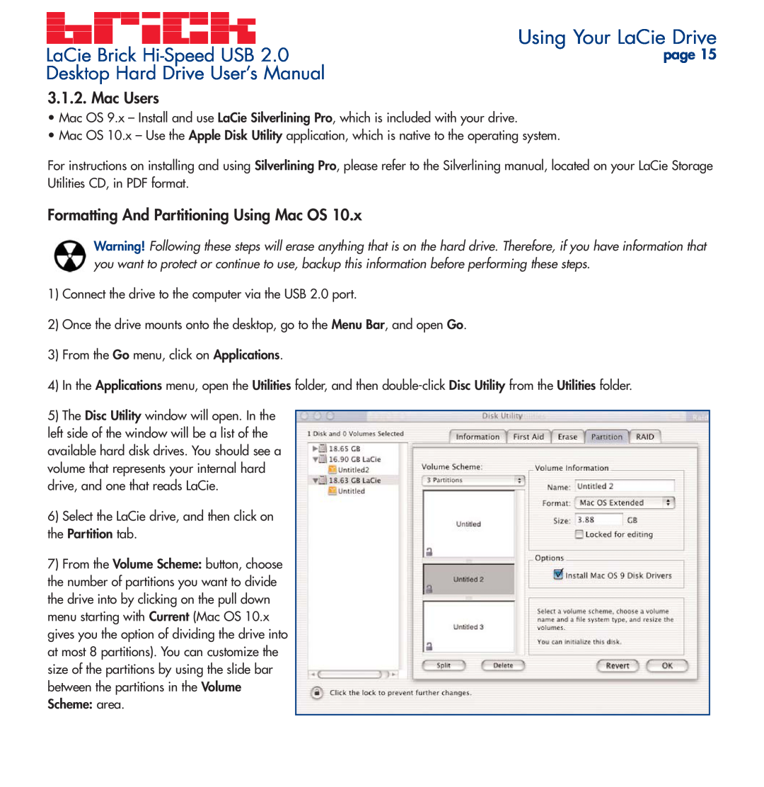 LaCie user manual Using Your LaCie Drive, LaCie Brick Hi-Speed USB, Desktop Hard Drive User’s Manual, Mac Users, page 