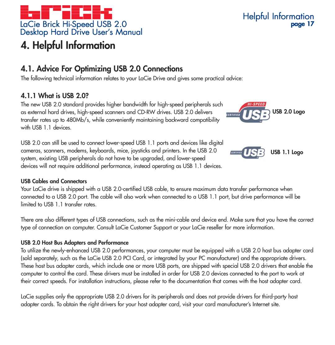 LaCie user manual Helpful Information, Advice For Optimizing USB 2.0 Connections, LaCie Brick Hi-Speed USB, page 