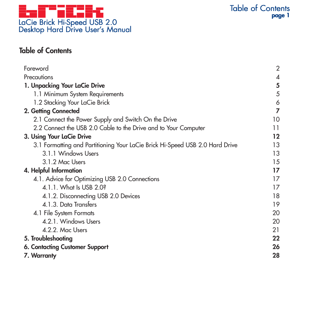 LaCie user manual Table of Contents, LaCie Brick Hi-Speed USB Desktop Hard Drive User’s Manual 