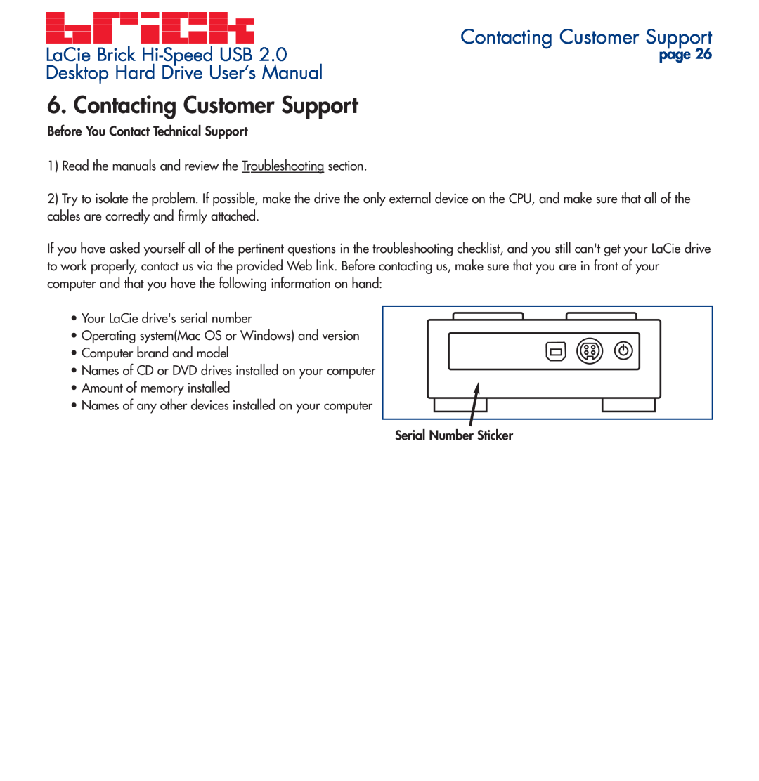 LaCie user manual Contacting Customer Support, LaCie Brick Hi-Speed USB, Desktop Hard Drive User’s Manual, page 