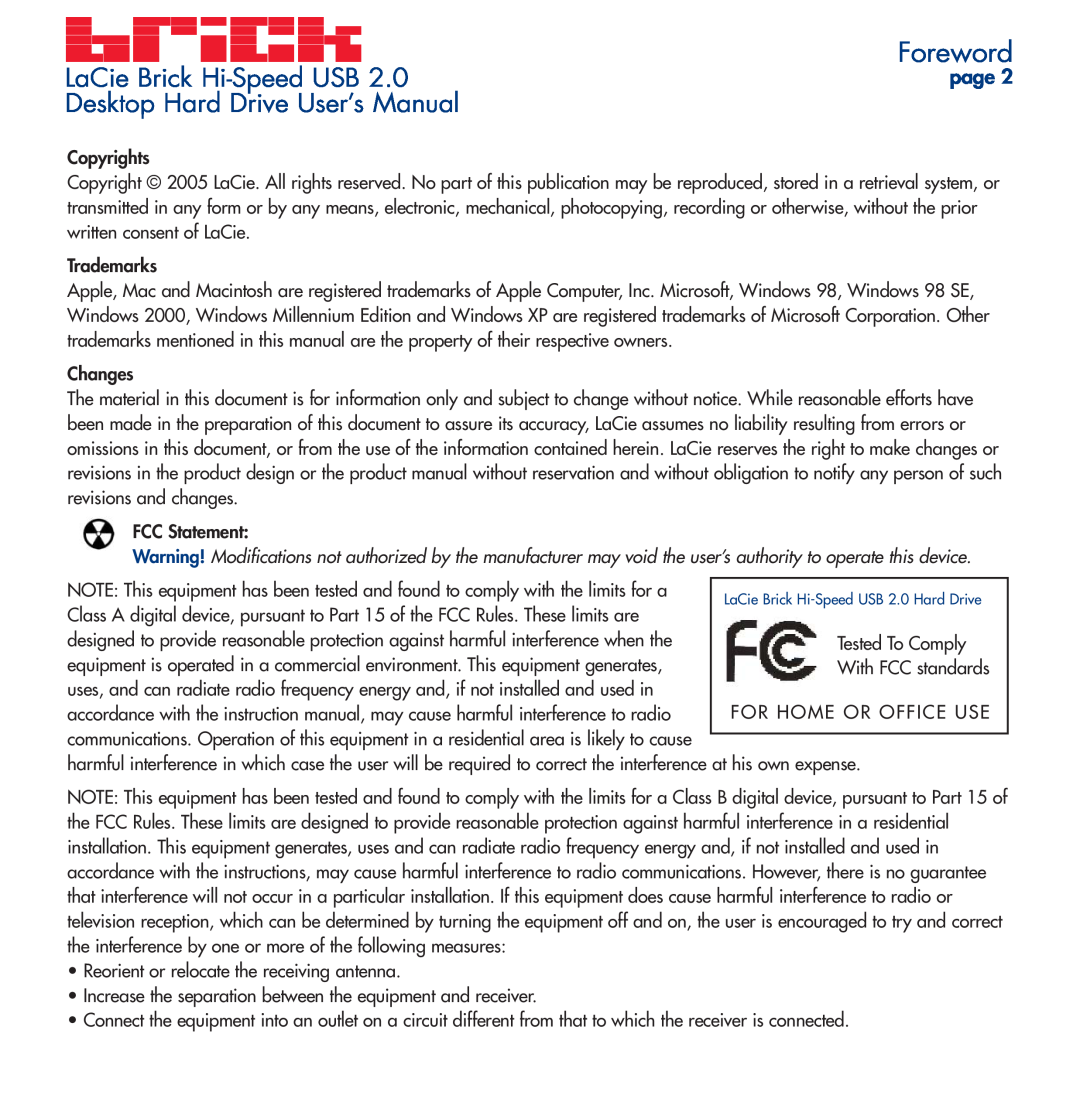LaCie user manual Foreword, LaCie Brick Hi-Speed USB, Desktop Hard Drive User’s Manual, page 