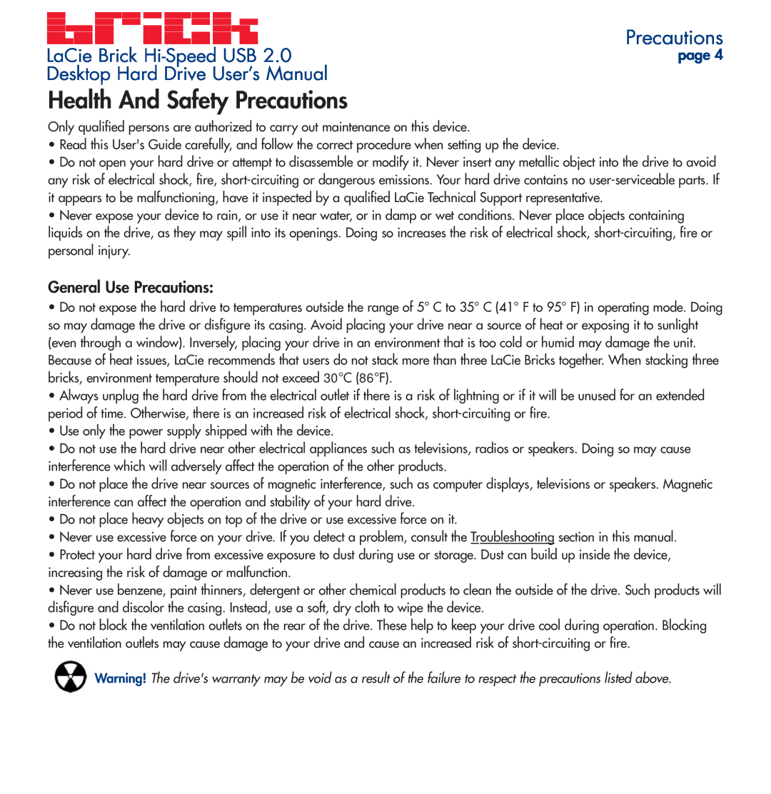 LaCie user manual Health And Safety Precautions, LaCie Brick Hi-Speed USB, Desktop Hard Drive User’s Manual, page 
