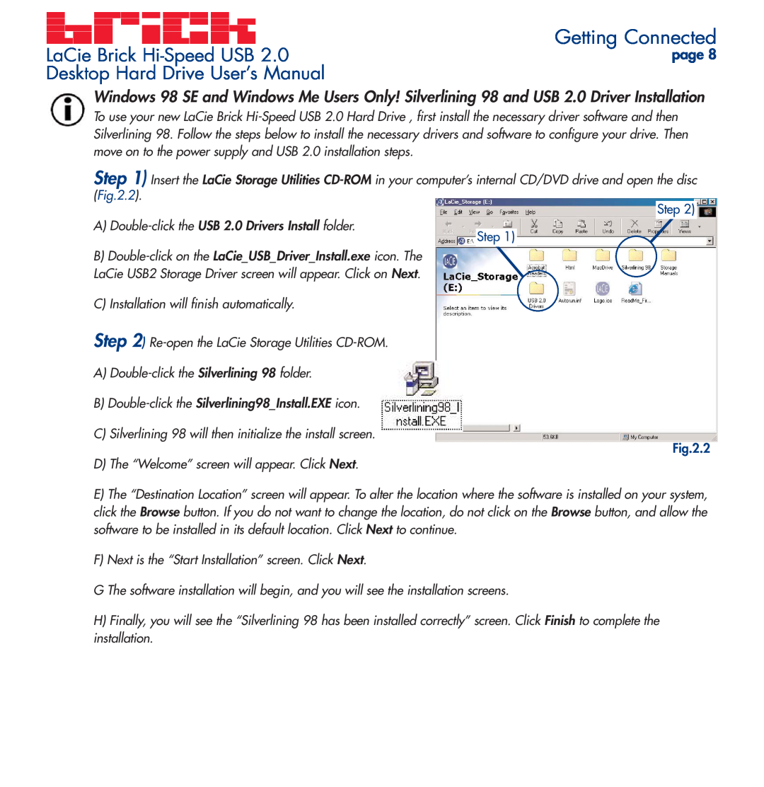 LaCie user manual Getting Connected, LaCie Brick Hi-Speed USB, Desktop Hard Drive User’s Manual, page, Step Step, 2 