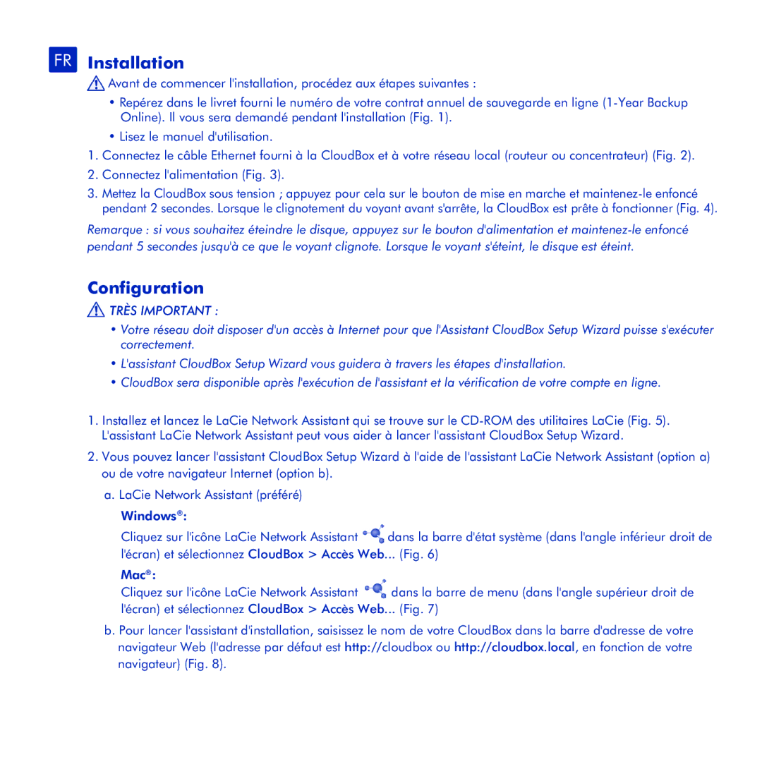 LaCie CloudBox manual FR Installation, Configuration, Très Important 