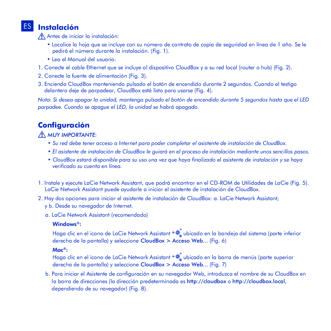 LaCie CloudBox manual ES Instalación, Configuración, MUY Importante 