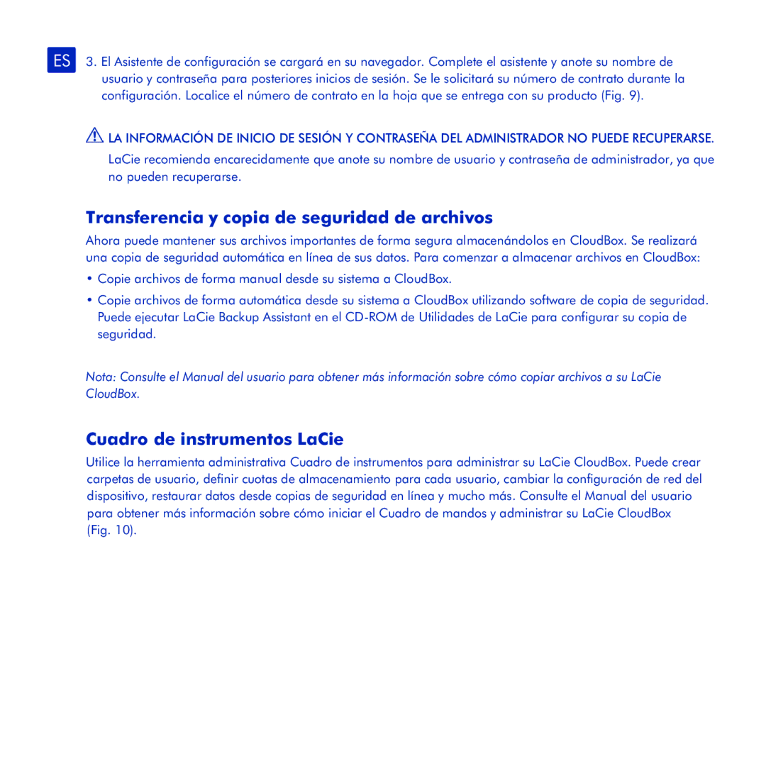 LaCie CloudBox manual Transferencia y copia de seguridad de archivos, Cuadro de instrumentos LaCie 