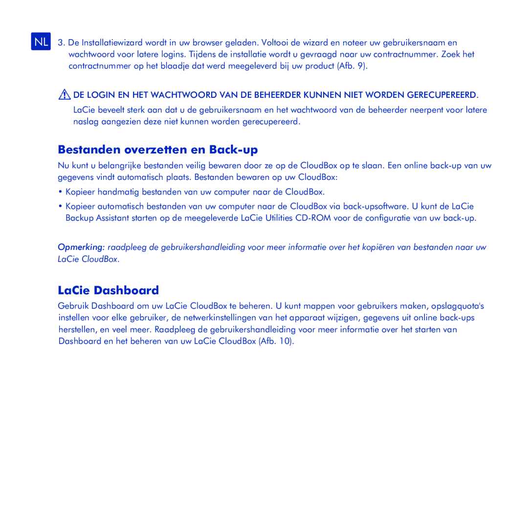 LaCie CloudBox manual Bestanden overzetten en Back-up, LaCie Dashboard 