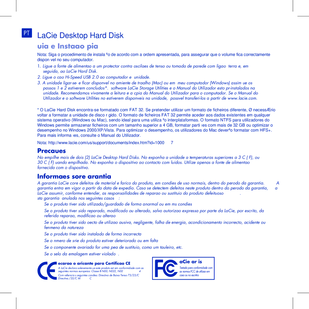 LaCie Computer Drive manual PT LaCie Desktop Hard Disk, Guia de Instalação Rápida, Precauções, Informações sobre garantia 