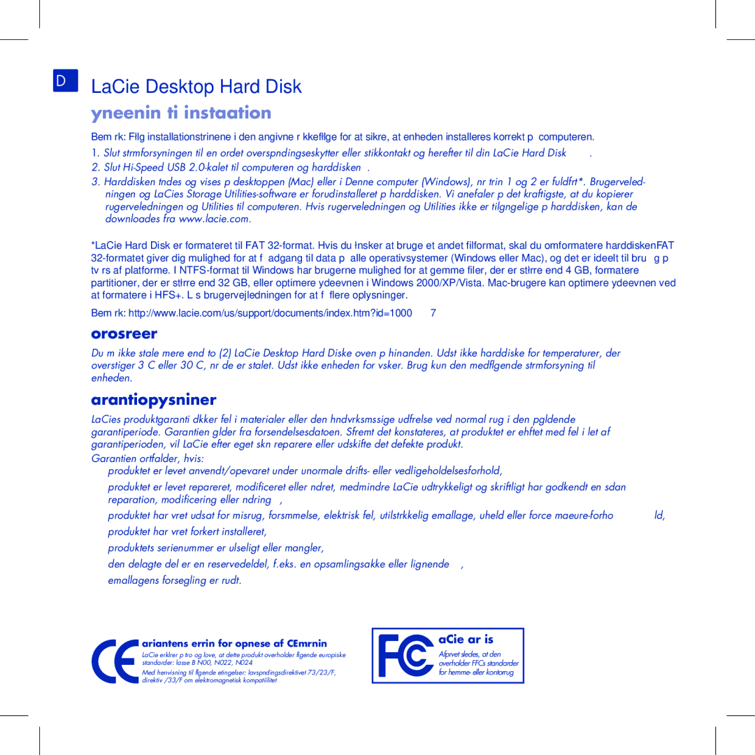 LaCie Computer Drive manual DA LaCie Desktop Hard Disk, Lynvejledning til installation, Forholdsregler, Garantioplysninger 