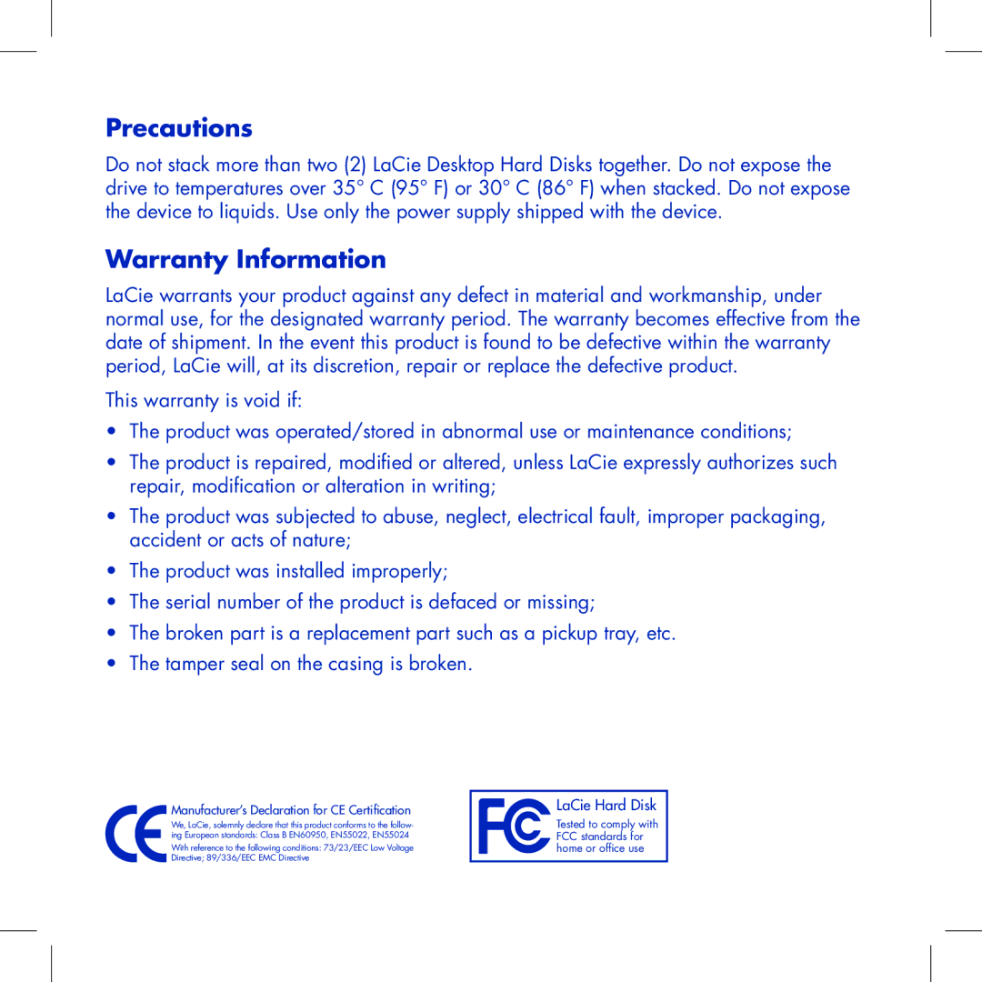 LaCie Computer Drive manual Precautions, Warranty Information 