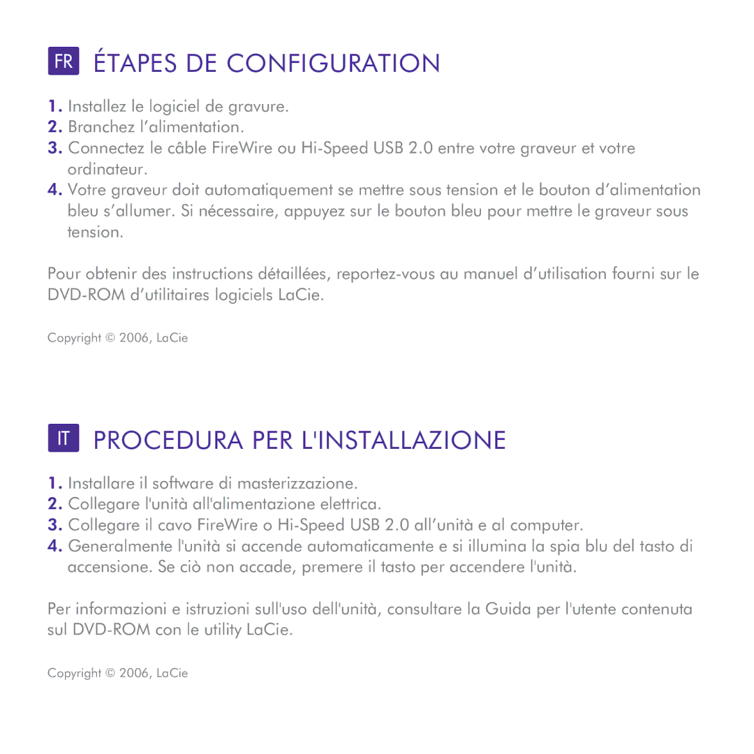 LaCie d2 Blu-ray manual FR Étapes DE Configuration, IT Procedura PER Linstallazione 