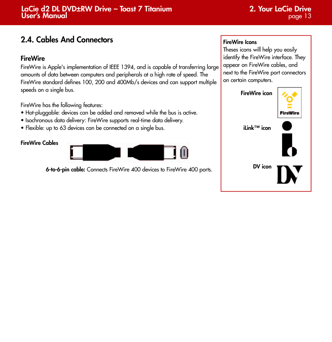 LaCie d2 user manual Cables And Connectors, FireWire 