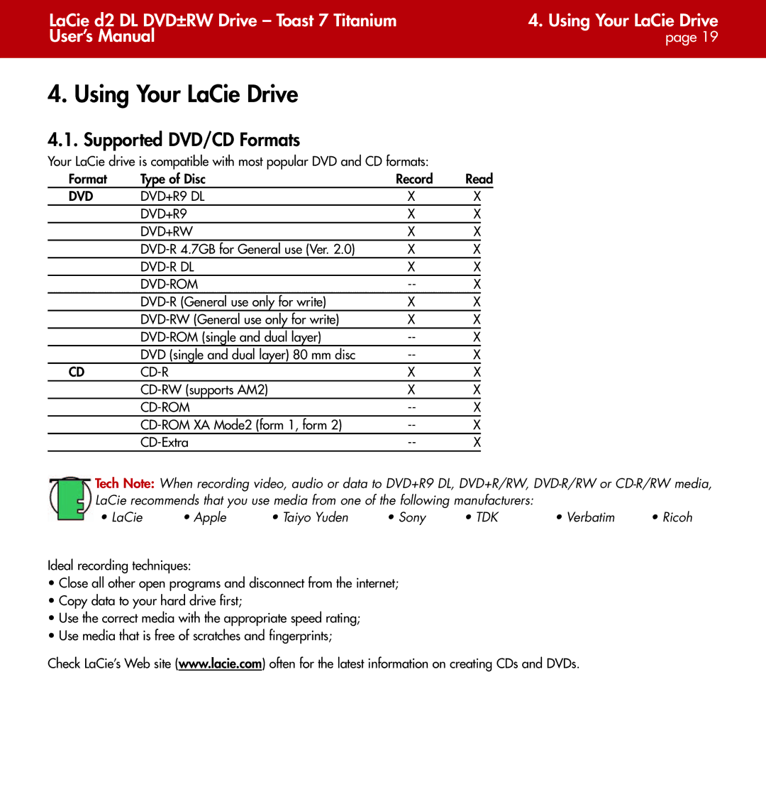 LaCie d2 user manual Using Your LaCie Drive, Supported DVD/CD Formats 