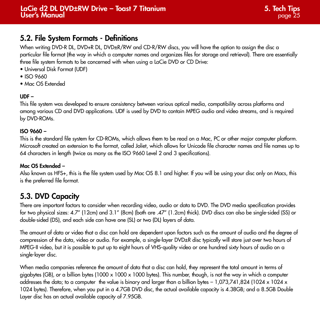 LaCie d2 user manual File System Formats Definitions, DVD Capacity 