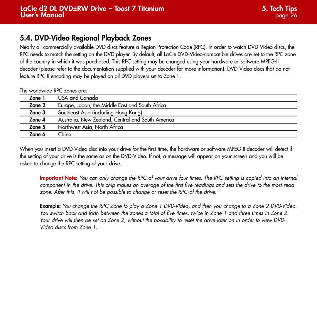 LaCie d2 user manual DVD-Video Regional Playback Zones 