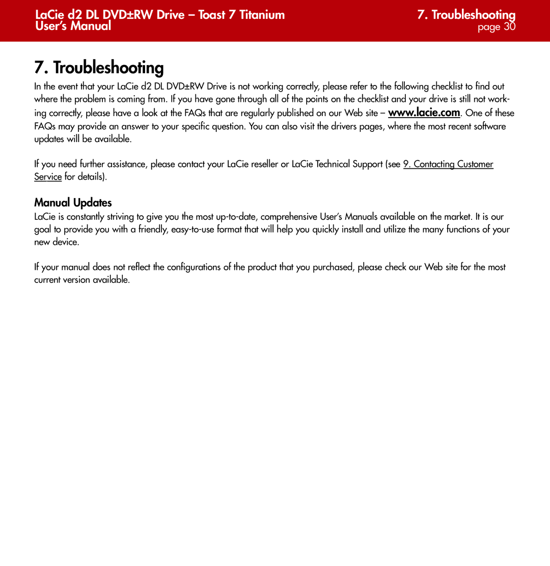 LaCie d2 user manual Troubleshooting, Manual Updates 