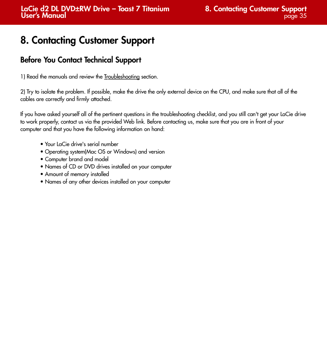 LaCie d2 user manual Contacting Customer Support, Before You Contact Technical Support 