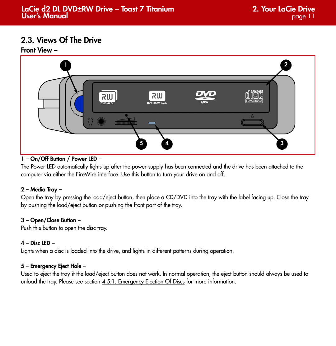 LaCie user manual Views Of The Drive, LaCie d2 DL DVD±RW Drive - Toast 7 Titanium, Your LaCie Drive, User’s Manual, page 