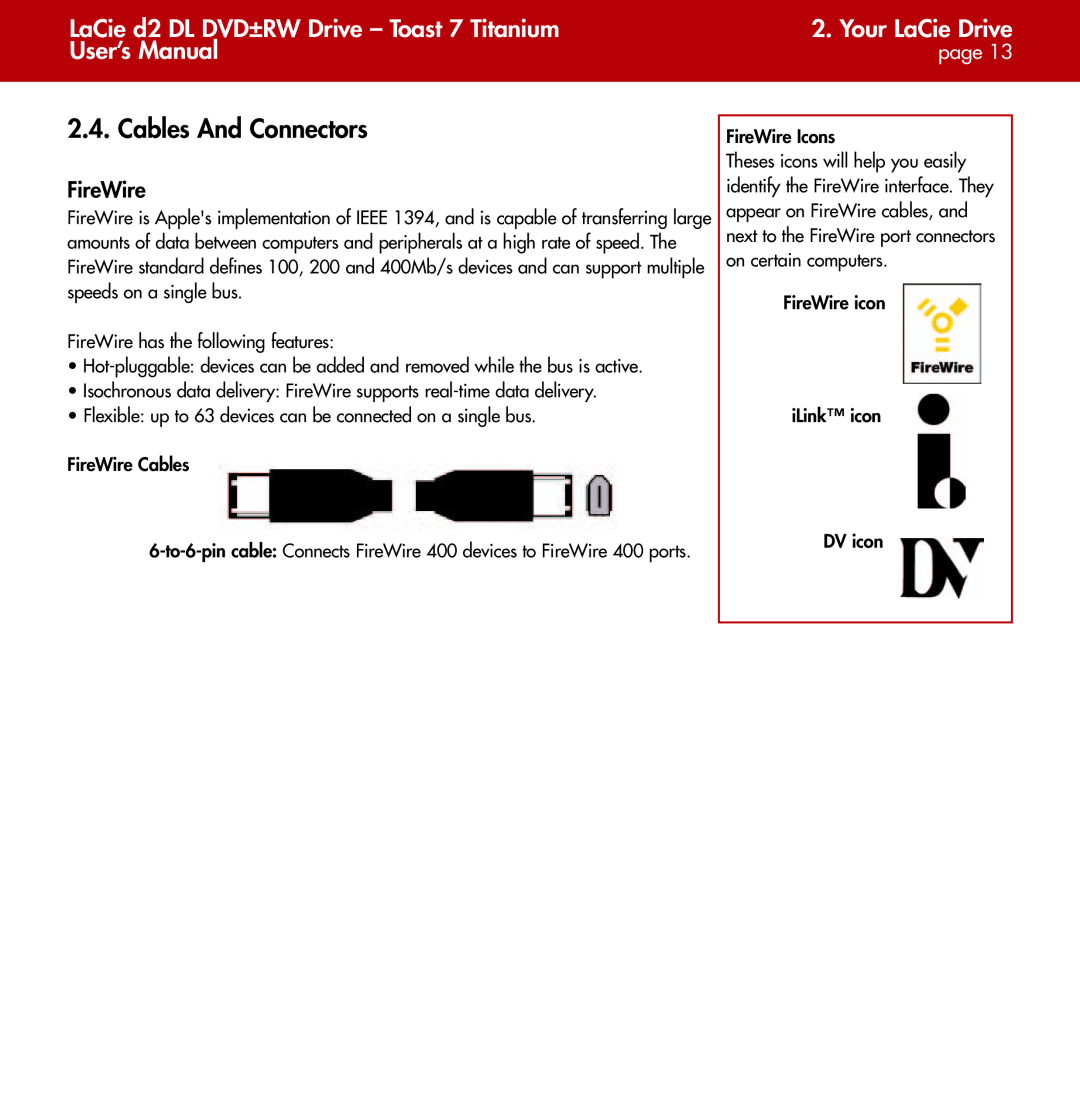 LaCie Cables And Connectors, LaCie d2 DL DVD±RW Drive - Toast 7 Titanium, Your LaCie Drive, User’s Manual, page 