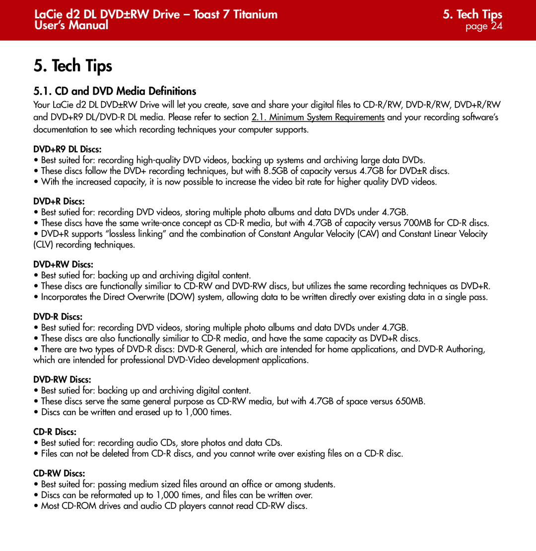 LaCie user manual Tech Tips, LaCie d2 DL DVD±RW Drive - Toast 7 Titanium, User’s Manual, page 