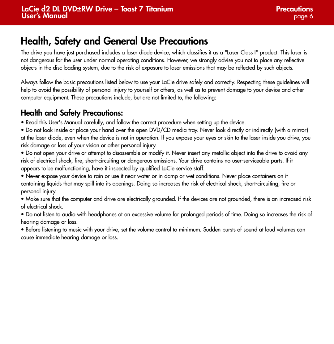LaCie d2 user manual Health, Safety and General Use Precautions, Health and Safety Precautions, User’s Manual, page 