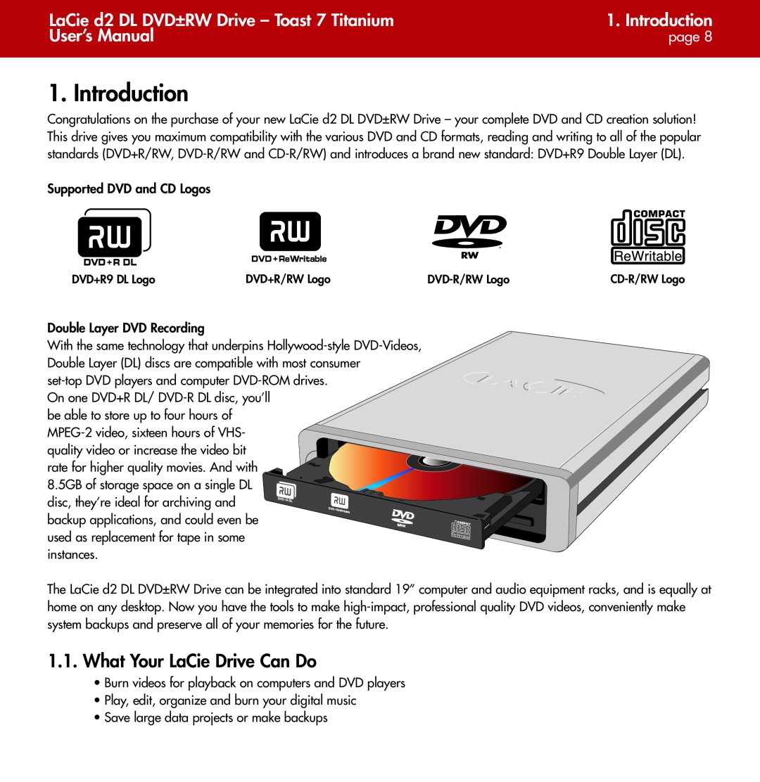 LaCie Introduction, What Your LaCie Drive Can Do, LaCie d2 DL DVD±RW Drive - Toast 7 Titanium, User’s Manual, page 