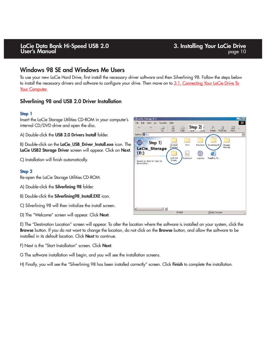 LaCie Databank user manual Windows 98 SE and Windows Me Users, Silverlining 98 and USB 2.0 Driver Installation 