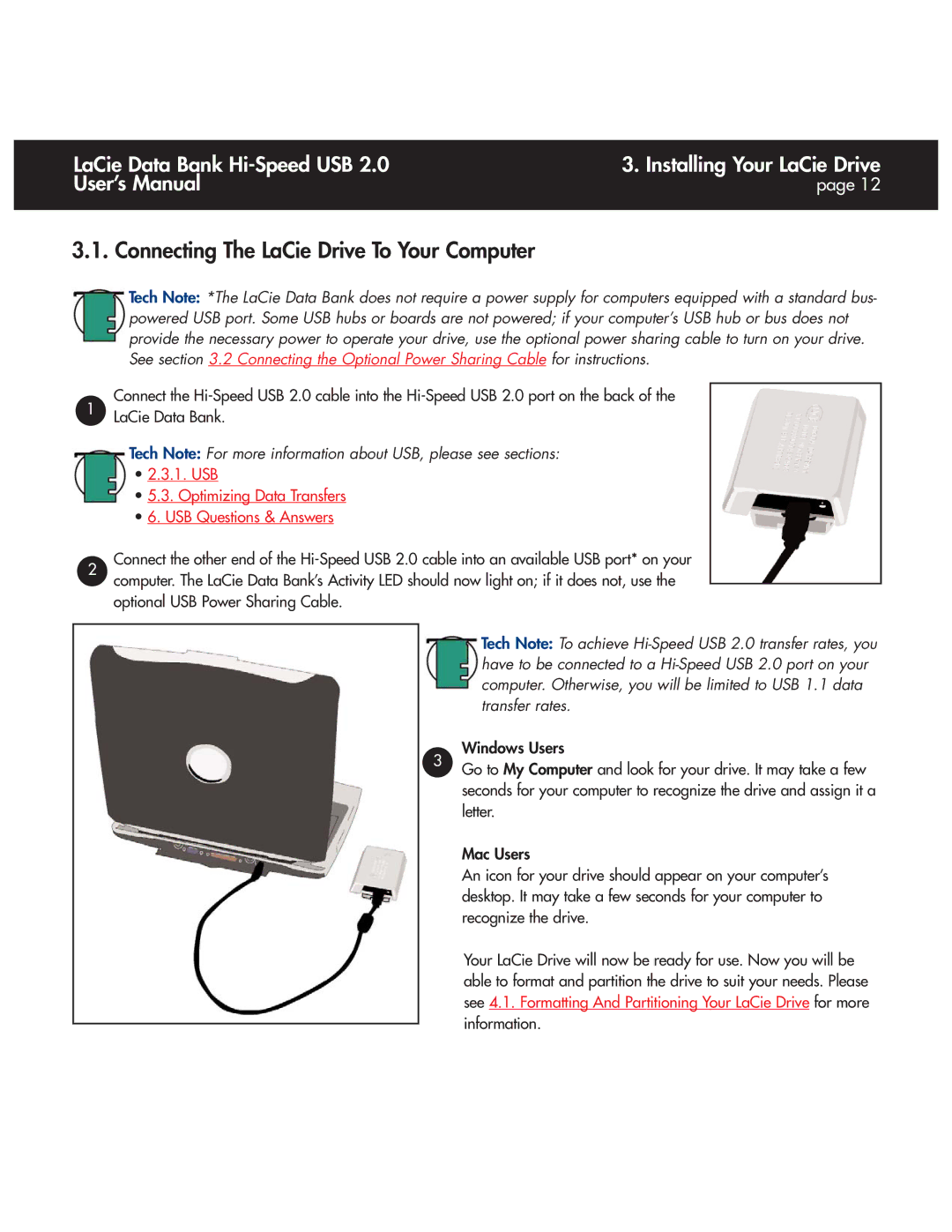 LaCie Databank Connecting The LaCie Drive To Your Computer, USB Optimizing Data Transfers USB Questions & Answers 