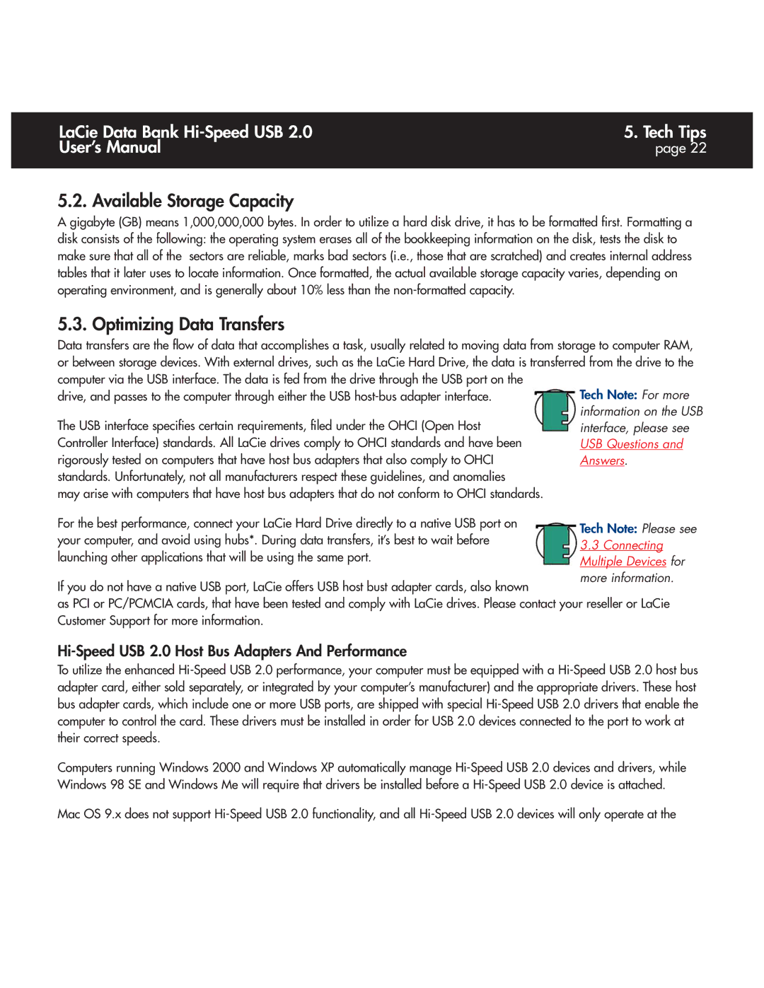 LaCie Databank Available Storage Capacity, Optimizing Data Transfers, Hi-Speed USB 2.0 Host Bus Adapters And Performance 