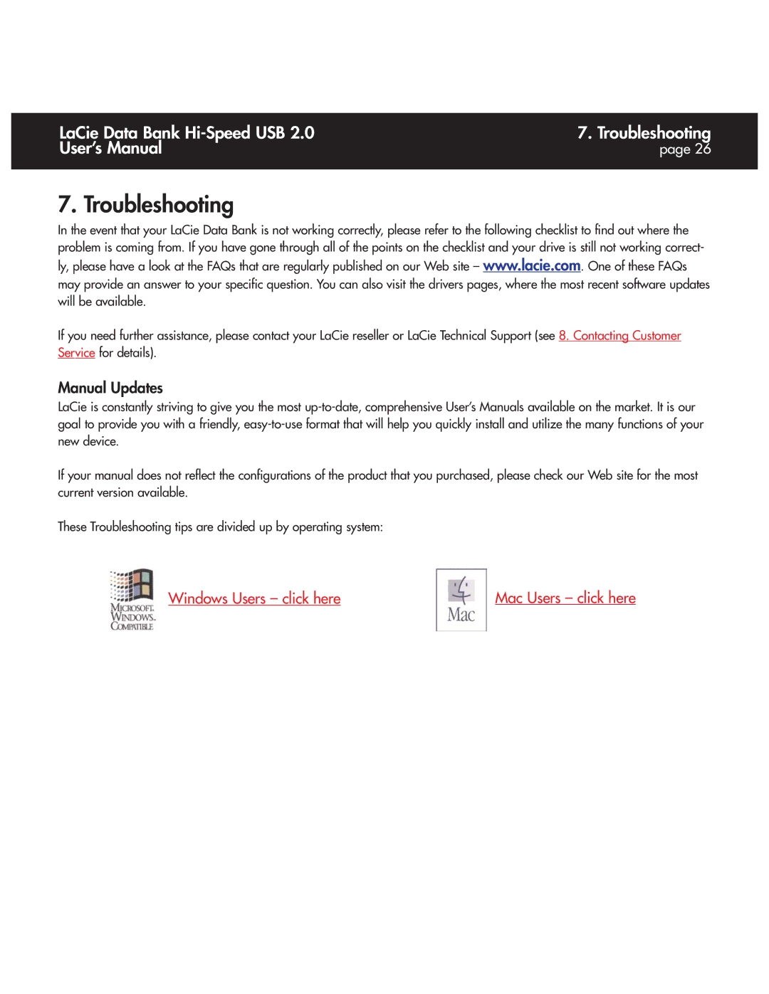 LaCie Databank user manual Troubleshooting, Manual Updates 