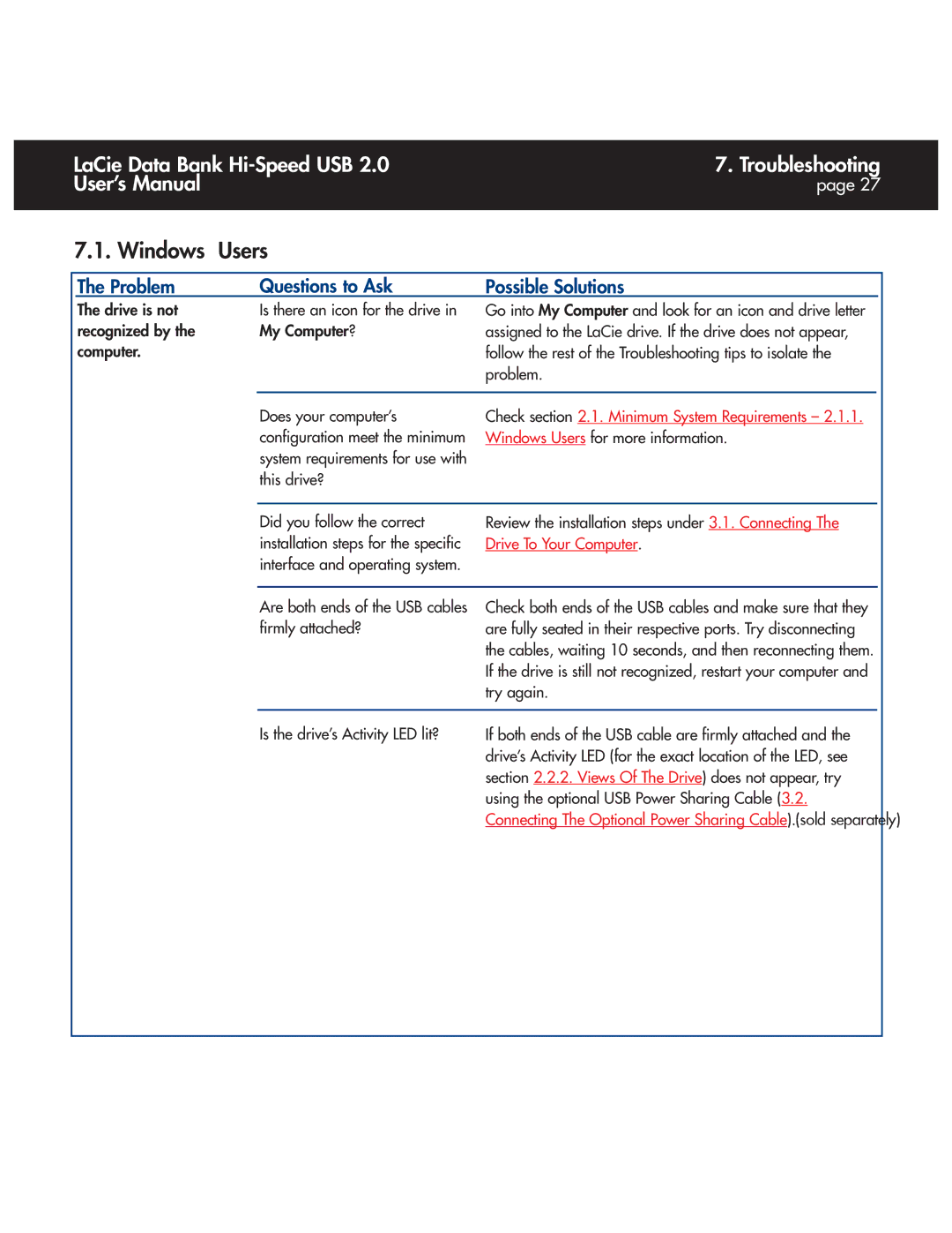 LaCie Databank user manual Windows Users, Problem Questions to Ask Possible Solutions 