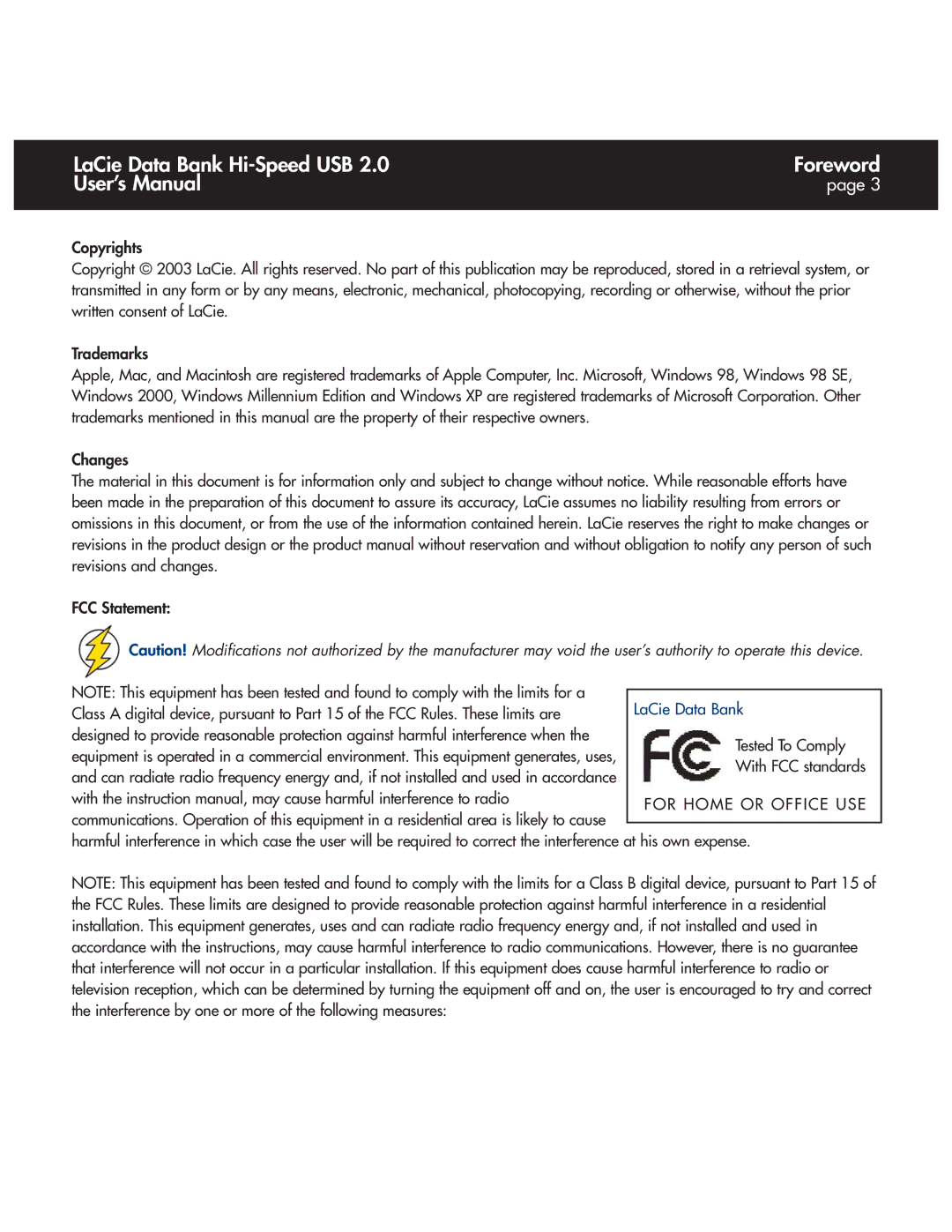 LaCie Databank user manual LaCie Data Bank Hi-Speed USB Foreword User’s Manual 